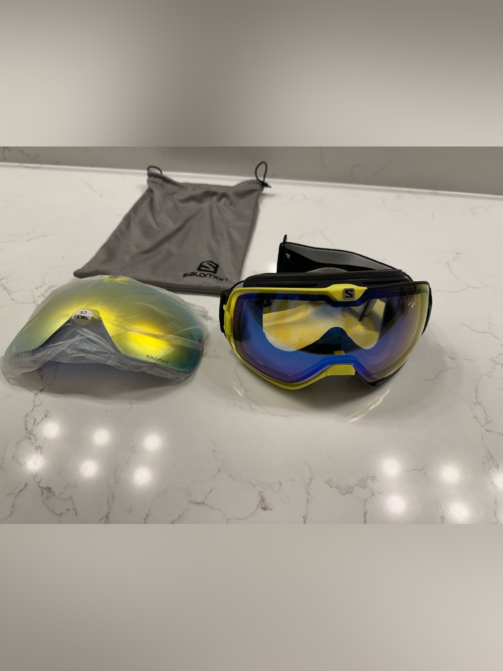 Salomon Yellow and Blue Ski Goggles with Mirrored Lenses and Spare Lens